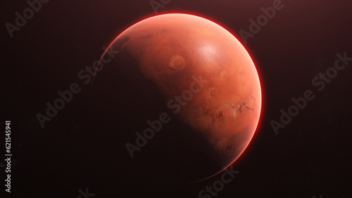 Render of Mars in Black Space, Half Illuminated and Half in Darkness with Clear Texture