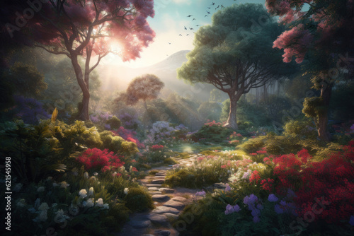 A beautiful enchanted fantasy forest woodland with big fairytale trees and bright vivid flowers in bloom, stone path leads deep into the forest, ai generative