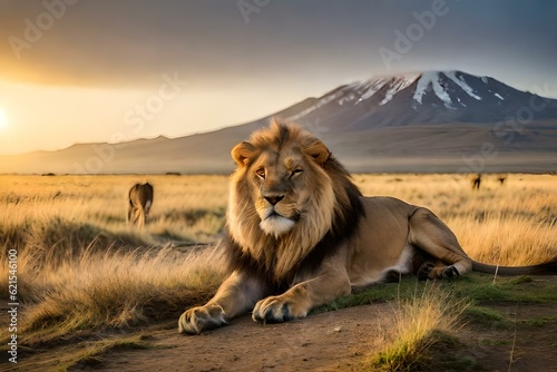  A lion is depicted in its natural habitat  the expansive African savanna. The scene is set during the early morning  with the first light of dawn illuminating the landscape. Tall grasses sway gently 