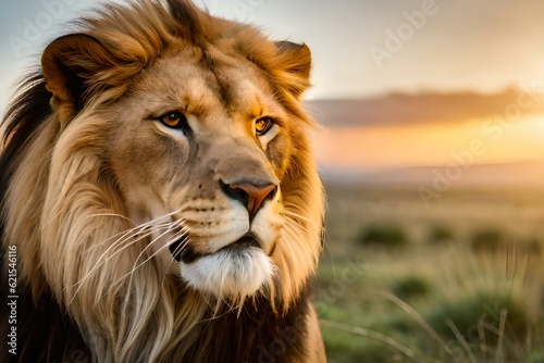 The king of the savanna, a regal lion, is portrayed in a close-up portrait. Its majestic face fills the frame, with the golden grasses of the savanna serving as the backdrop. The evening light bathes  © Muhammad