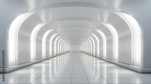 A long hallway with white walls and a tiled floor. Generative AI.