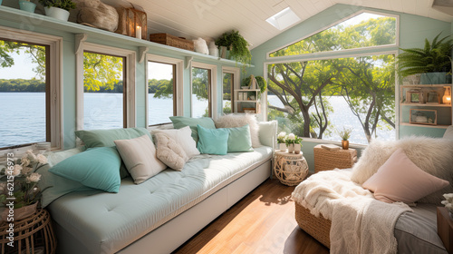 A living room filled with furniture and a lake view. Generative AI. Tiny boat house interior. photo