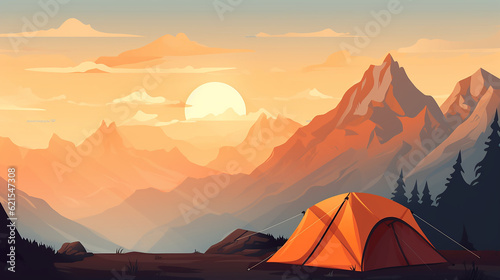 camping tent high in the mountains at sunset sunny ultra detail firefly forest.  generative AI
