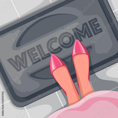 Womans feet in shoes on doormat in front of entrance to hallway vector illustration. Cartoon top view on legs in red shoes standing on carpet with Welcome, hospitality and invitation to guest to enter