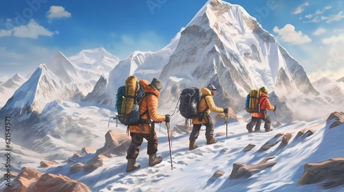 A group of mountaineers climbing the slope to the top of a snow mountain in fine weather with bag equipment