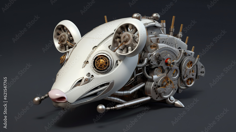Fototapeta premium A close up of a mechanical mouse on a table. Generative AI. Mechanical creature.