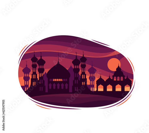 Middle East old city silhouettes at evening vector illustration. Cartoon isolated banner with Arabian red sunset skyline, landscape with sun in sky, minaret and dome of mosque, ancient architecture