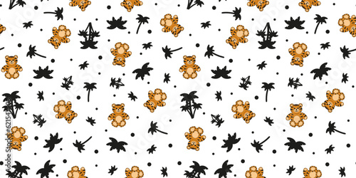 Hand drawn Children's Wallpaper with Tiger and Palm tree isolated on white background. Design for child bed linen printing. Print for t-shirt. Vector illustration. African animal endless ornament.