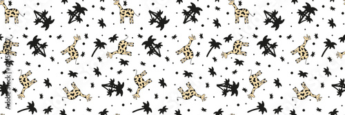 Hand drawn Children's Wallpaper with Giraffe and Palm tree isolated on light background. Design for child bed linen printing. Print for t-shirt. Vector illustration. African animal endless ornament.