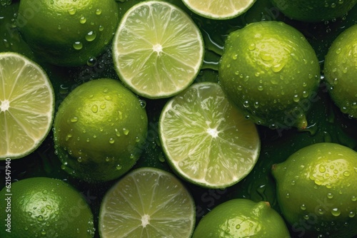 Fresh lime seamless background, adorned with glistening droplets of water. AI generated