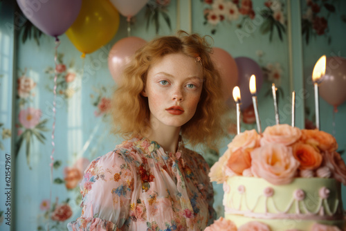 portrait of a woman/model/book character with birthday party cake setting and thoughtful/sad expression in a fashion/beauty editorial magazine style film photography look - generative ai art