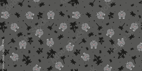 Hand drawn Children's Wallpaper with Rhinoceros and Palm tree. Design for child bed linen printing with Rhino. Print for t-shirt. Vector illustration. African animal endless ornament.