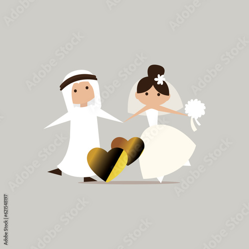 wedding cermo Arab UAE QATAR SAUDI wedding bride love couple groom woman dress vector illustration ny by arabic