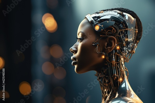 Closeup hybrid cyborg beauty transformation with a girl humanoid face. Generative AI