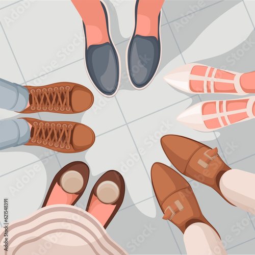 Top view of friends legs in shoes standing in circle vector illustration. Cartoon various fashion summer footwear on feet of people, meeting man and woman in leather shoes, moccasins and sneakers