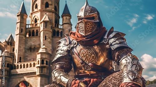 armored medieval knight in front of a beautiful castle, medieval background