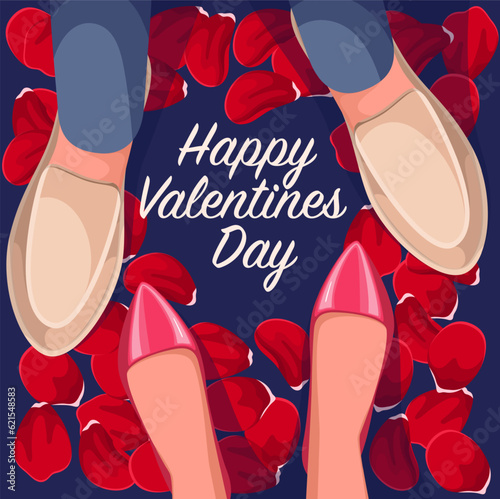 Happy Valentines day greeting card, poster vector illustration. Cartoon legs of couple standing together, feet of lovers in shoes during dance or date on red flowers petals, Valentines day love story