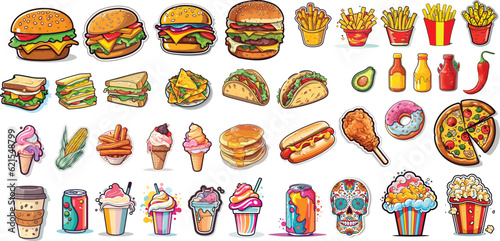 Set of cartoon fast food. Vector illustration, 