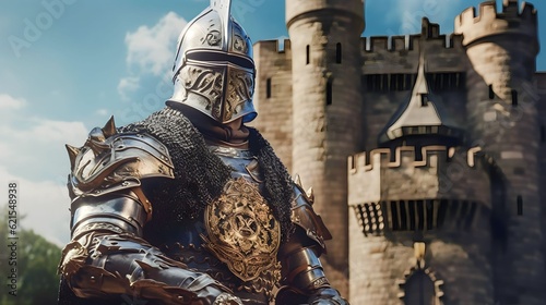 armored medieval knight in front of a beautiful castle, medieval background