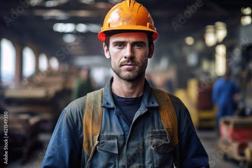 Industrial worker portrait. Young man in a uniform wearing hardhat, blur factory background.