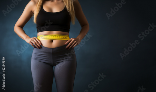 Fit woman with measuring tape, Diet and weight loss concept, perfect body. Beautiful woman measuring her waist with a measure tape on blue background copy space photo