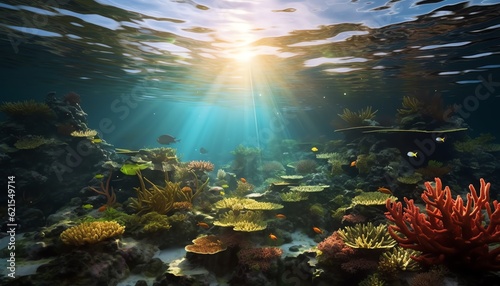 Sun-Kissed Depths: Realistic Ocean Sunlight Splashes Illuminating the Blue Skies Below © humberto
