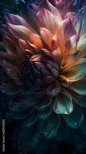 Red and yellow dahlia, iridescent blooming floral abstract, Generative AI