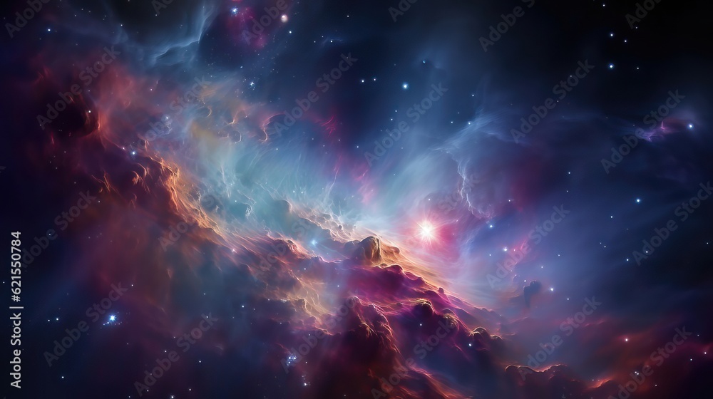 A conceptualization of a nebula in the context of the deep space cosmos. Learn about the stars in the cosmos and the distant space. AI generative.
