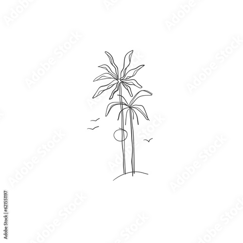 Hand drawn vector abstract simple minimalistic line art graphic drawing tropical palm treeand sun icon sign collection isolated. Summer palm beach modern design concept. Summer palm beach nature logo. photo