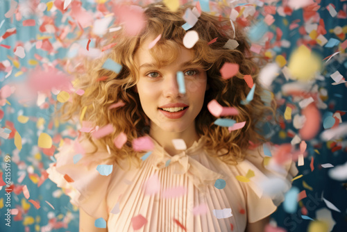 portrait of a woman/model/book character surrounded by colorful confetti with a happy/joyful expression in a fashion/beauty editorial magazine style film photography look - generative ai art