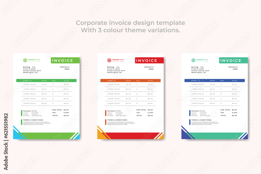 Corporate Business Invoice design vector illustration bill form and price invoice. with 3 color theme.