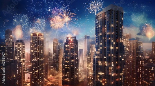 Celebrating fireworks in New Year with skyscrapers building