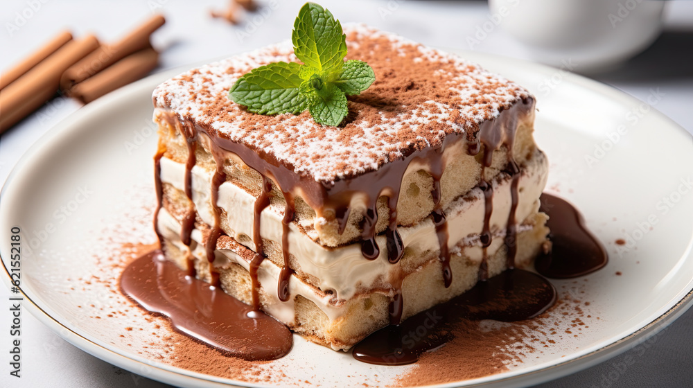 A piece of tiramisu cake on a plate with chocolate sauce. Generative AI. A piece of tiramisu cake on a plate with chocolate sauce. Generative AI.
