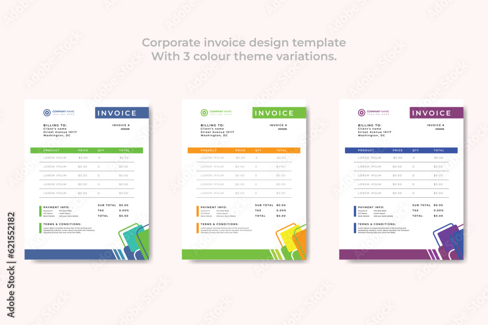 Corporate Business Invoice design vector illustration bill form and price invoice. with 3 color theme.