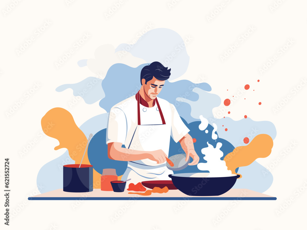 Graceful and Professional Chef in White Jacket and Apron Preparing Dish - Minimalist Vector Illustration Art of Culinary Craftsmanship Graceful and Professional Chef in White Jacket and Apron Preparing Dish - Minimalist Vector Illustration Art of Culinary Craftsmanship