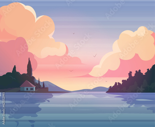 Beautiful vector background with sunlit mountains, hills, forest and lake house. © Krolone