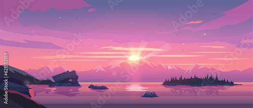 Vector cartoon sunset landscape with orange clouds, silhouettes of mountains.