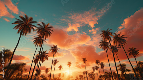 A group of palm trees in front of a sunset. Generative AI. © tilialucida