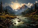 Cloudy sky and Mountain Nature beauty reflected in tranquil mountain lake. AI Generative