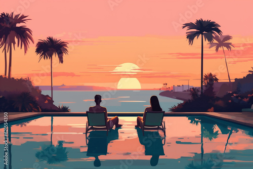 romantic vacation sunset couple honeymoon back swimming travel relax pool. Generative AI.