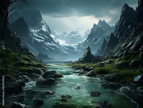 Cloudy sky and Mountain Nature beauty reflected in tranquil mountain lake. AI Generative