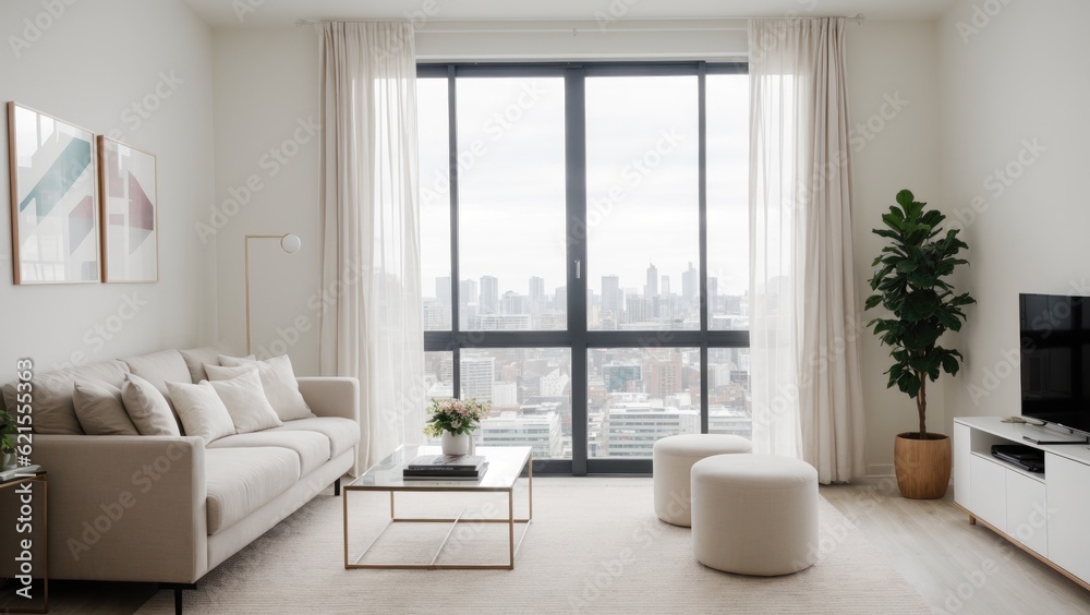 Fototapeta premium modern living room with sofa, big window and city view