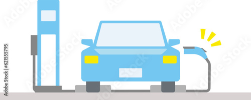 電気自動車が駐車場で充電する様子を正面から描いたイラスト