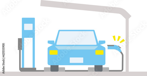 電気自動車が屋根付きの駐車場で充電する様子を正面から描いたイラスト