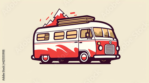 Travelling trailer van of red color with seats transportation bus for trips icon retro style wheeled home raster illustration isolated on white photo