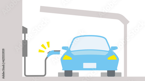 電気自動車が屋根付きの自宅駐車場で充電する様子を正面から描いたイラスト
