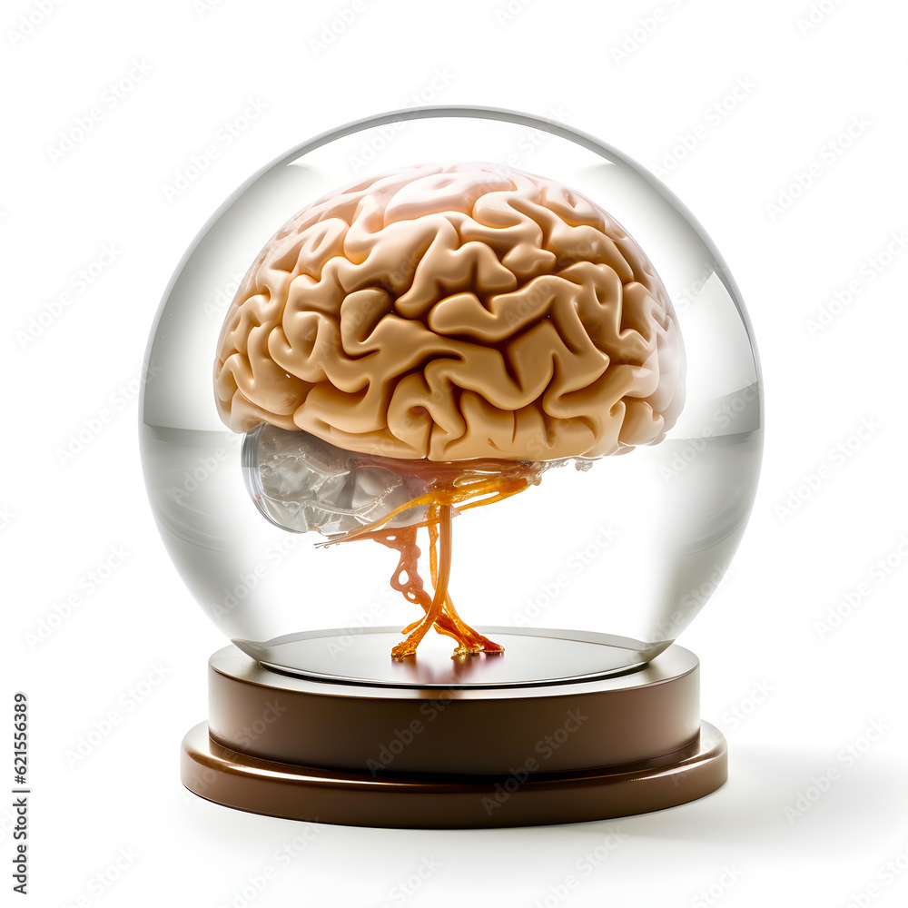 A human brain inside a glass ball - isolated on white background
