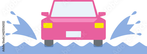 自動車が水しぶきを上げて走っている様子を正面から描いたイラスト