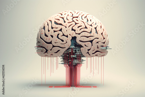 Robot AI brain with red cables on pastel background. Artificial intelligence, futuristic digital technology human and robot face close up, digital smart world metaverse. AI generated photo