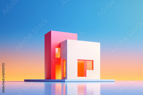 Modern house. Minimal house symbol. Real estate, mortgage, loan concept. Pink, white, blue gradient background. AI generated